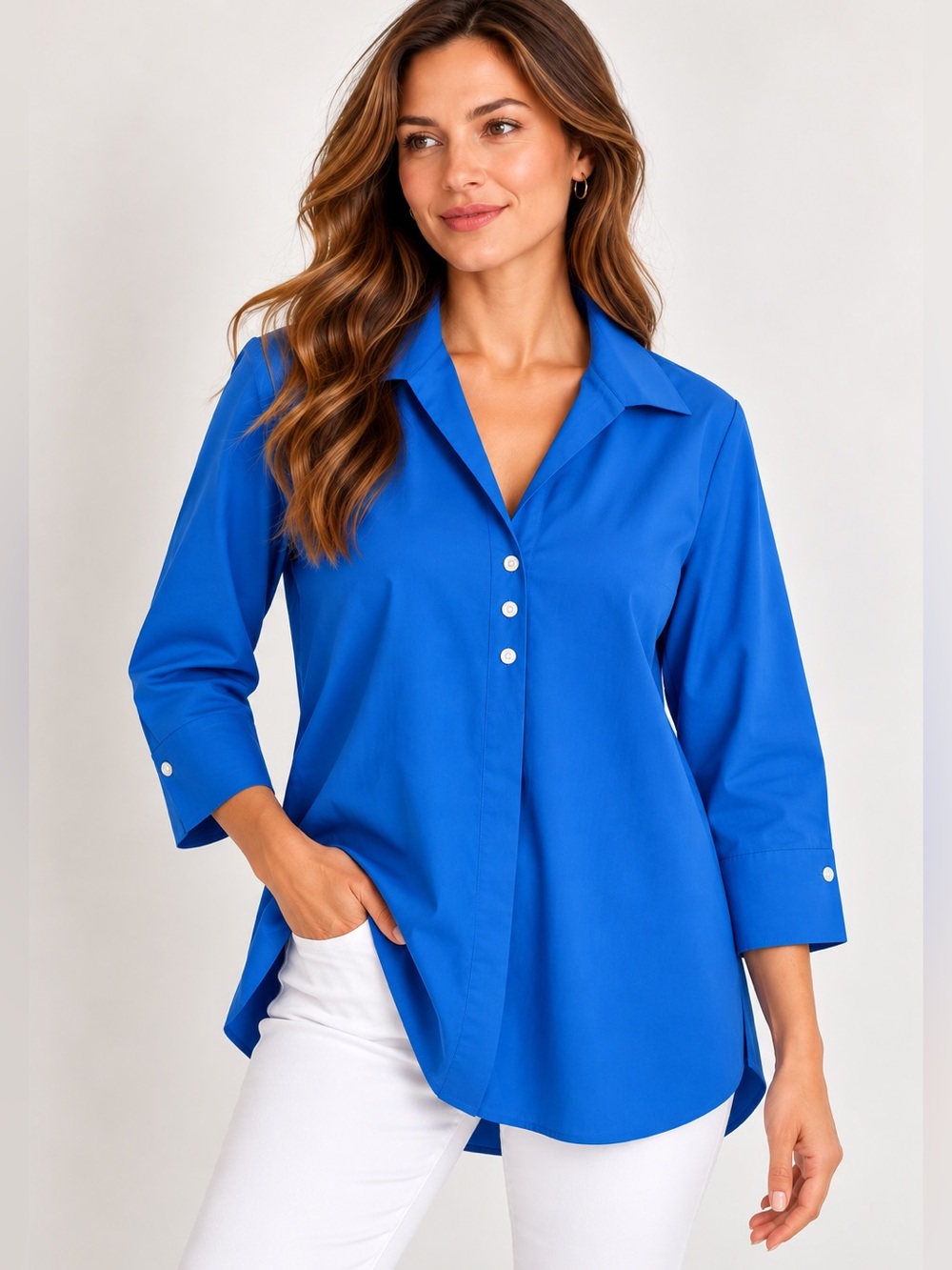 Hinson Wu Size 8 Blue Cotton Stretch Button Front Tunic Blouse Shirt